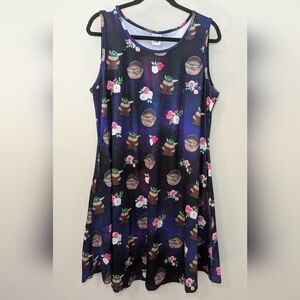 MM Baby Yoda Dress Purple Fit & Flare Floral Grogu Mandalorian Women's Size L*